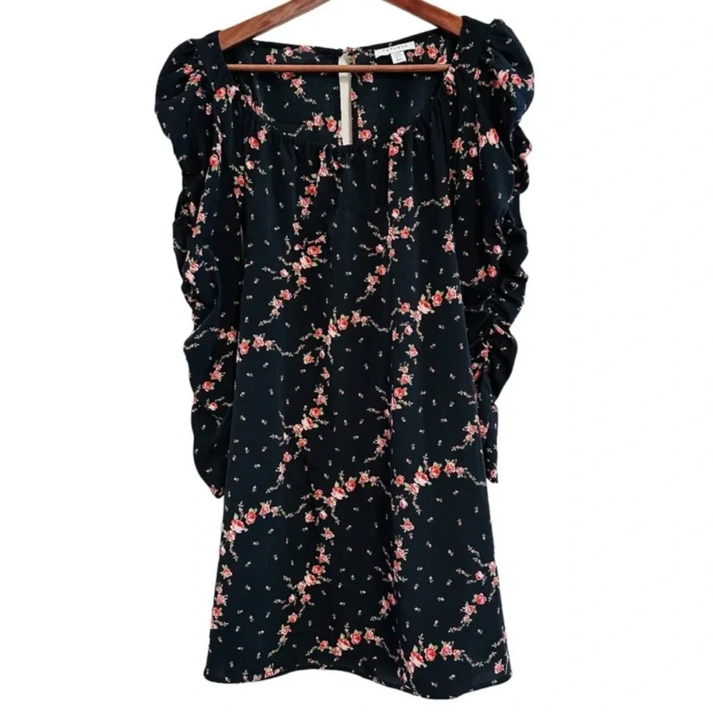 Topshop Black Floral Pink Ruched Long Sleeve Mini Dress size 6 - Picture 2 of 10